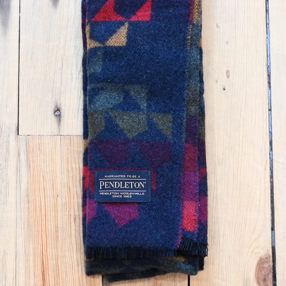 Pendleton Jacquard Wool Scarf in Autumn Birch Navy with fringed edges.