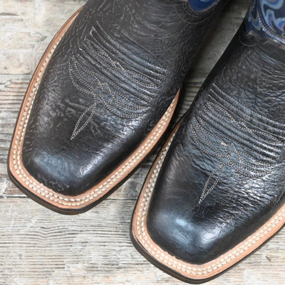 Lucchese Men’s bison leather boot in chocolate with Nova Blue accents, 11-inch shaft and square toe