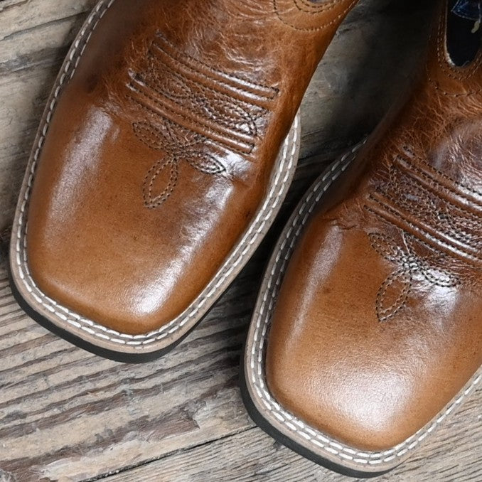 Smoky Mountain Rustler kids’ boot in brown waxed leather with navy shaft and square toe