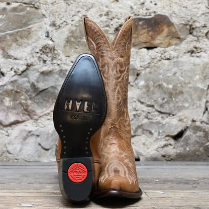 View of Hyer ROAD TO ARIZONA 13&quot; boots showcasing brown Mad Dog goat vamp and top with full boot embroidery, fashion snip toe, and leather stacked heel