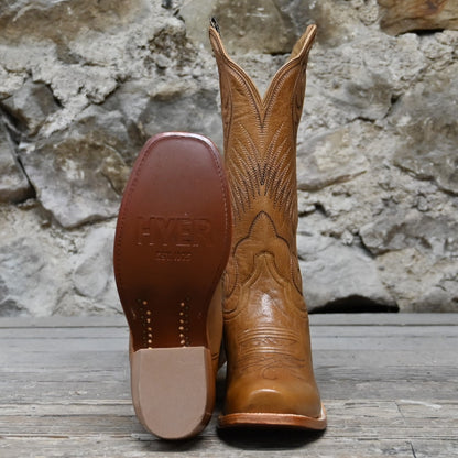 View of Hyer LEAWOOD 13&quot; boots showcasing honey-colored Mestizo goat leather vamp and upper with Cutter toe and leather stacked heel