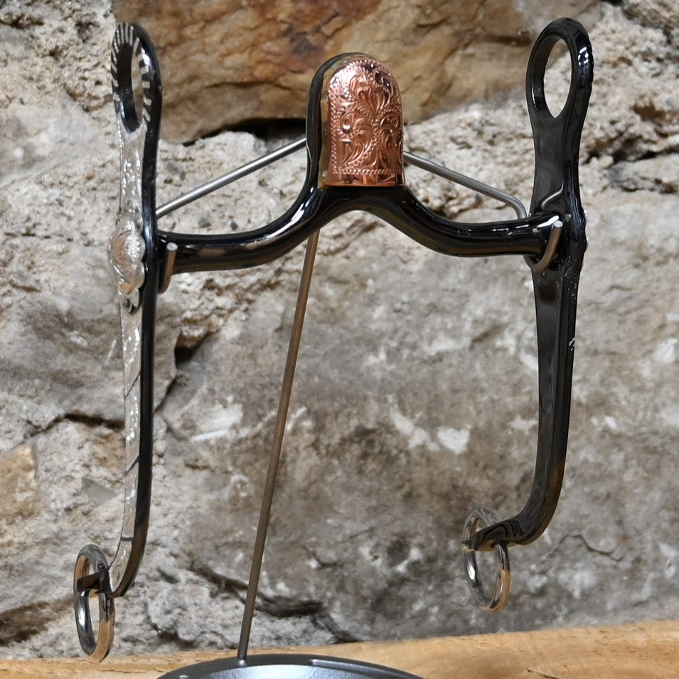 JT Silversmiths black grazing bit with silver inlay and San Joaquin wide hooded half breed mouthpiece