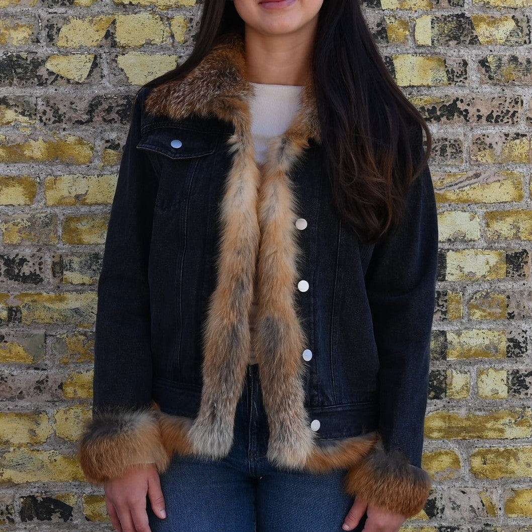 Morris Kaye &amp; Sons – Black Denim Jacket with Red Fox Fur Cuffs, Collar &amp; Placket