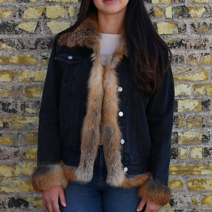 Morris Kaye &amp; Sons – Black Denim Jacket with Red Fox Fur Cuffs, Collar &amp; Placket
