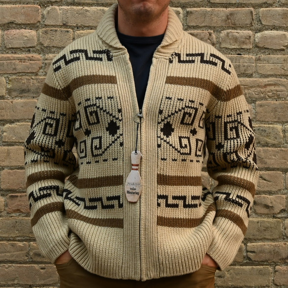 View of Pendleton Original Westerley sweater with Greek-key pattern and shawl collar