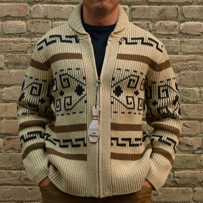 View of Pendleton Original Westerley sweater with Greek-key pattern and shawl collar