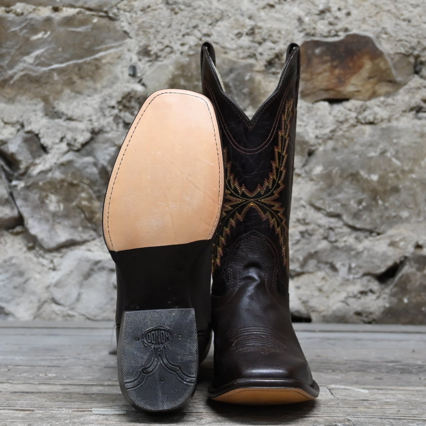 View of Hondo 13&quot; cowboy boot with brown volcano top, brown steer vamp, and medium square toe
