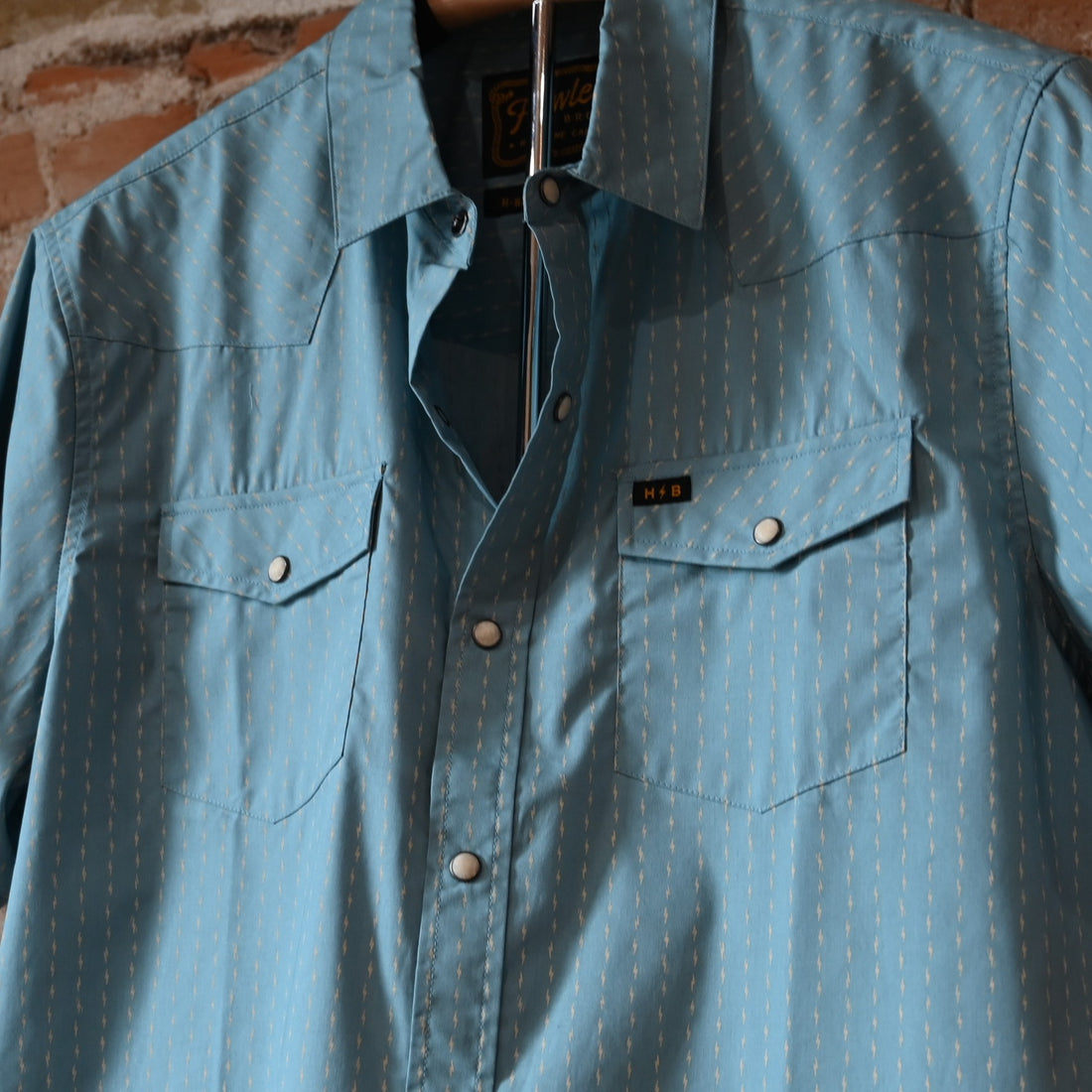 Howler Bros H Bar B Snapshirt in Power Lines Smoke Blue with pearl snaps and Western yoke detailing