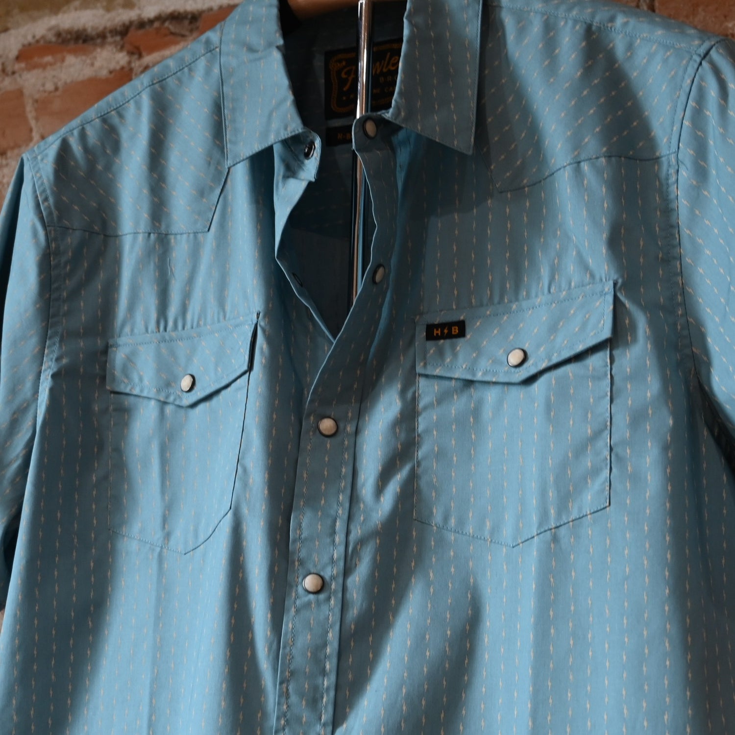 Howler Bros H Bar B Snapshirt in Power Lines Smoke Blue with pearl snaps and Western yoke detailing