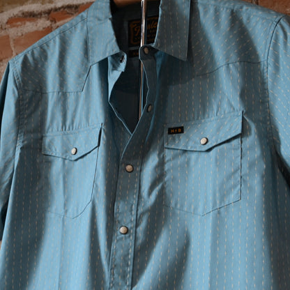 Howler Bros H Bar B Snapshirt in Power Lines Smoke Blue with pearl snaps and Western yoke detailing