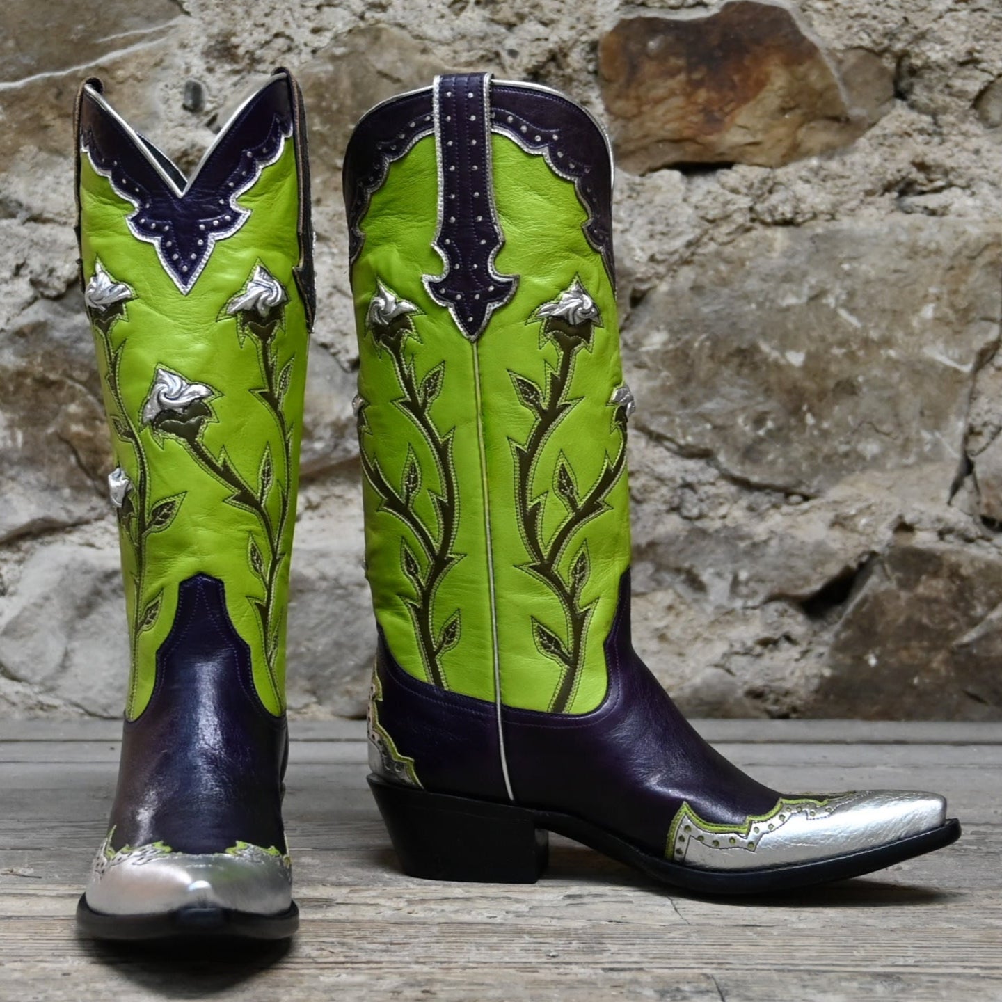 View of Stallion Ladies 14&quot; Rosebud boot with kelly green uppers, purple vamp, and silver wingtip