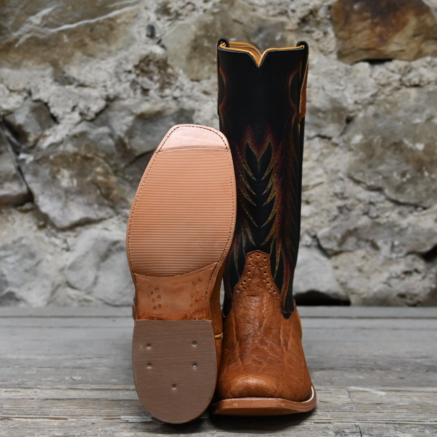 Exclusive Rios of Mercedes boot with Honey elephant vamp and Black Waxy Kansas 14″ top