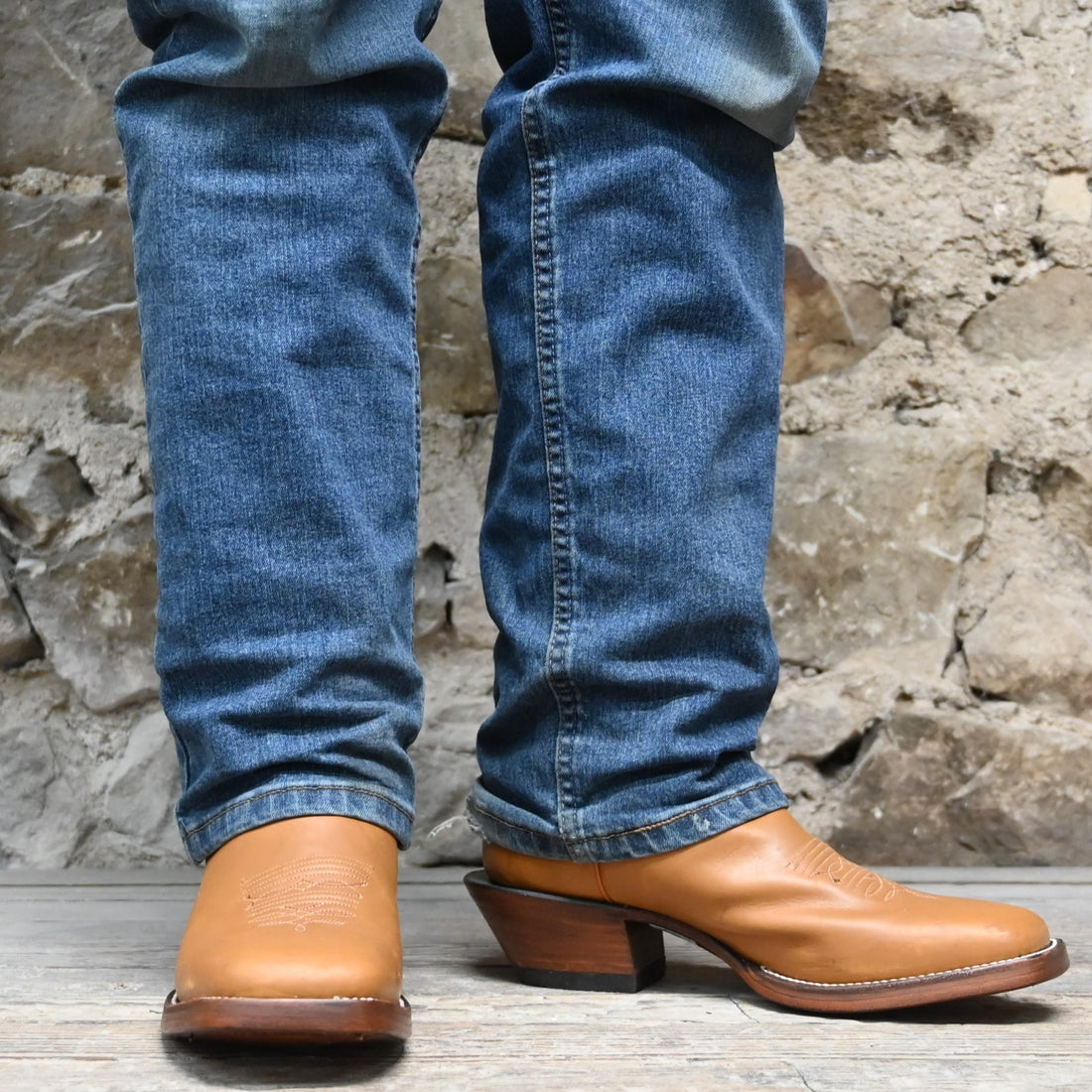 View of Hondo 16&quot; cowboy boot with red top, honey crazy horse vamp, wide square toe, pull holes, and spur ledge