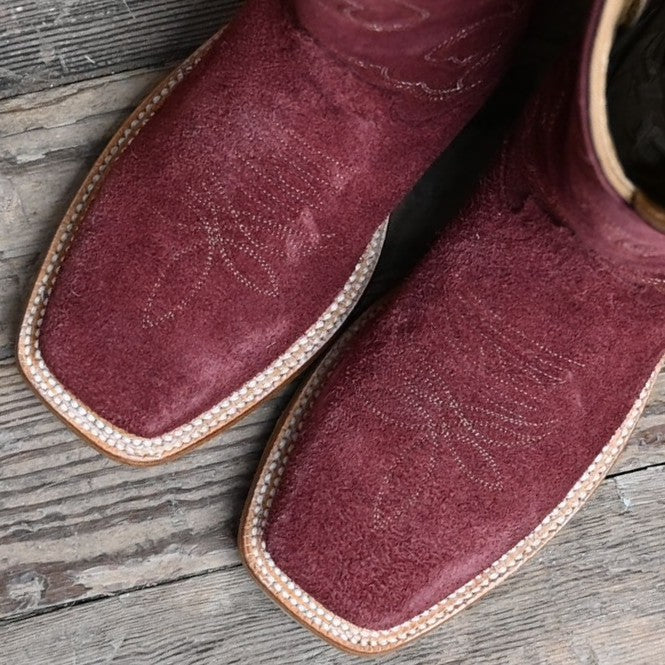 Hyer Augusta 13″ boot in burgundy roughout on shaft and vamp, square toe and leather heel