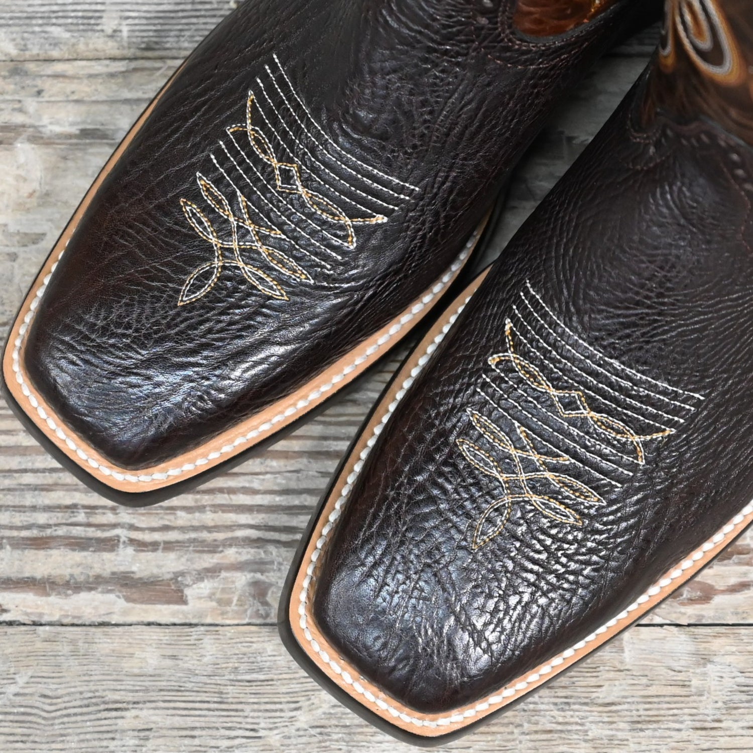 View of Hondo 13&quot; cowboy boot with brown volcano top, chocolate Spanish shoulder vamp, and medium square toe