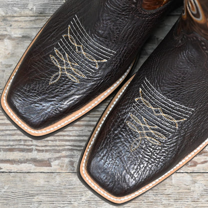 View of Hondo 13&quot; cowboy boot with brown volcano top, chocolate Spanish shoulder vamp, and medium square toe