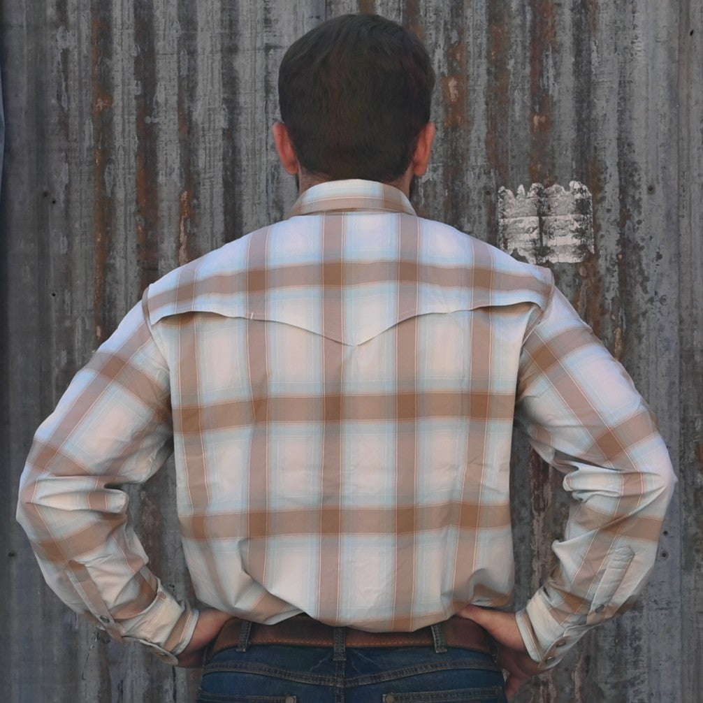 View of Schaefer RangeTek Western Guide shirt in Sweetwater pattern with snap chest pockets and mesh yoke vent