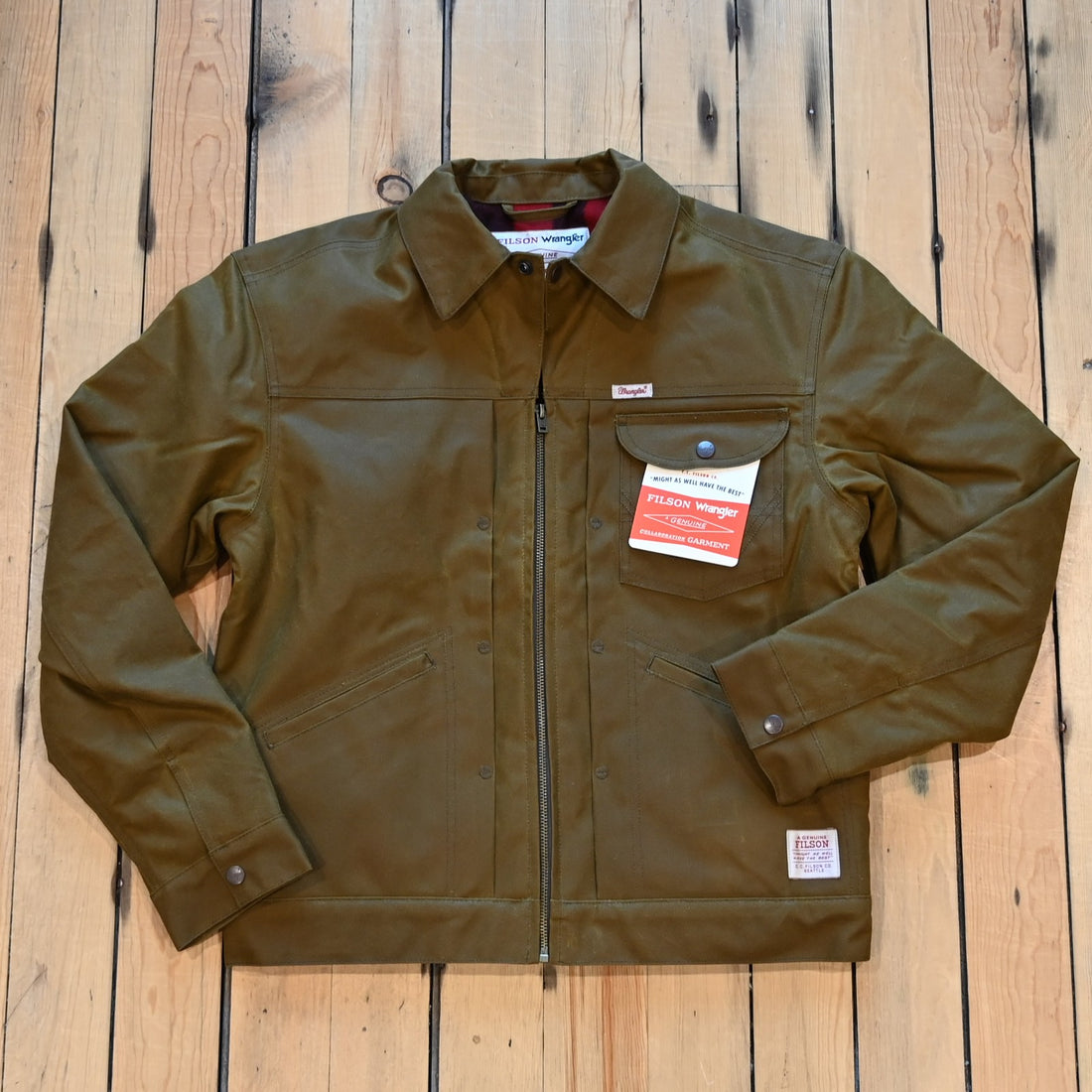 Filson × Wrangler Adventure Jacket in tan, waxed canvas outer with wool lining