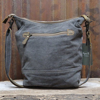 Myra Blue Sapphire printed canvas shoulder bag with leather trim and zipper closure