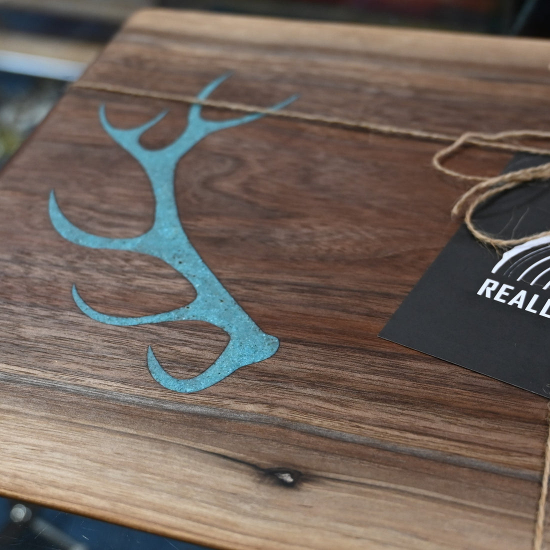 Elk Antler Genuine Turquoise Inlay Walnut Serving Board view of detail
