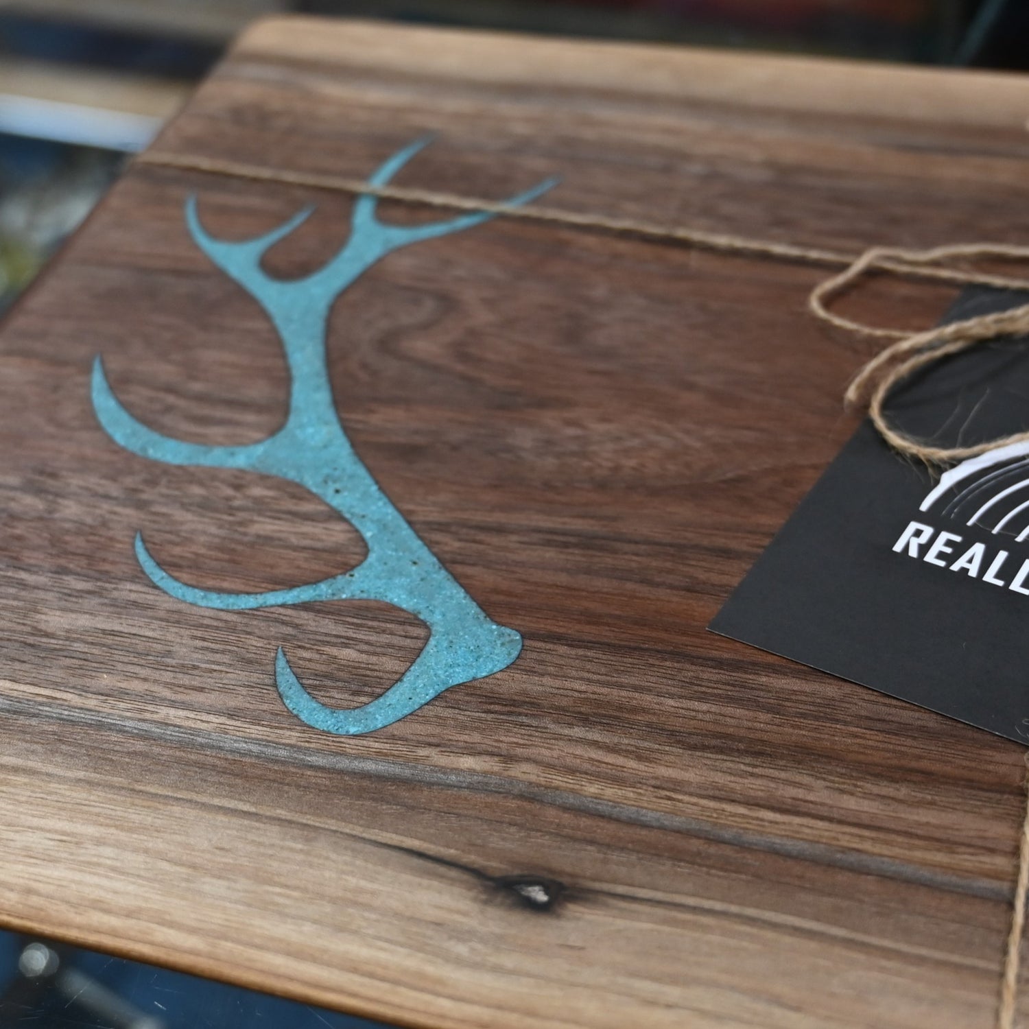 Elk Antler Genuine Turquoise Inlay Walnut Serving Board view of detail
