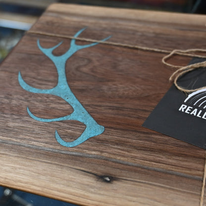 Elk Antler Genuine Turquoise Inlay Walnut Serving Board view of detail
