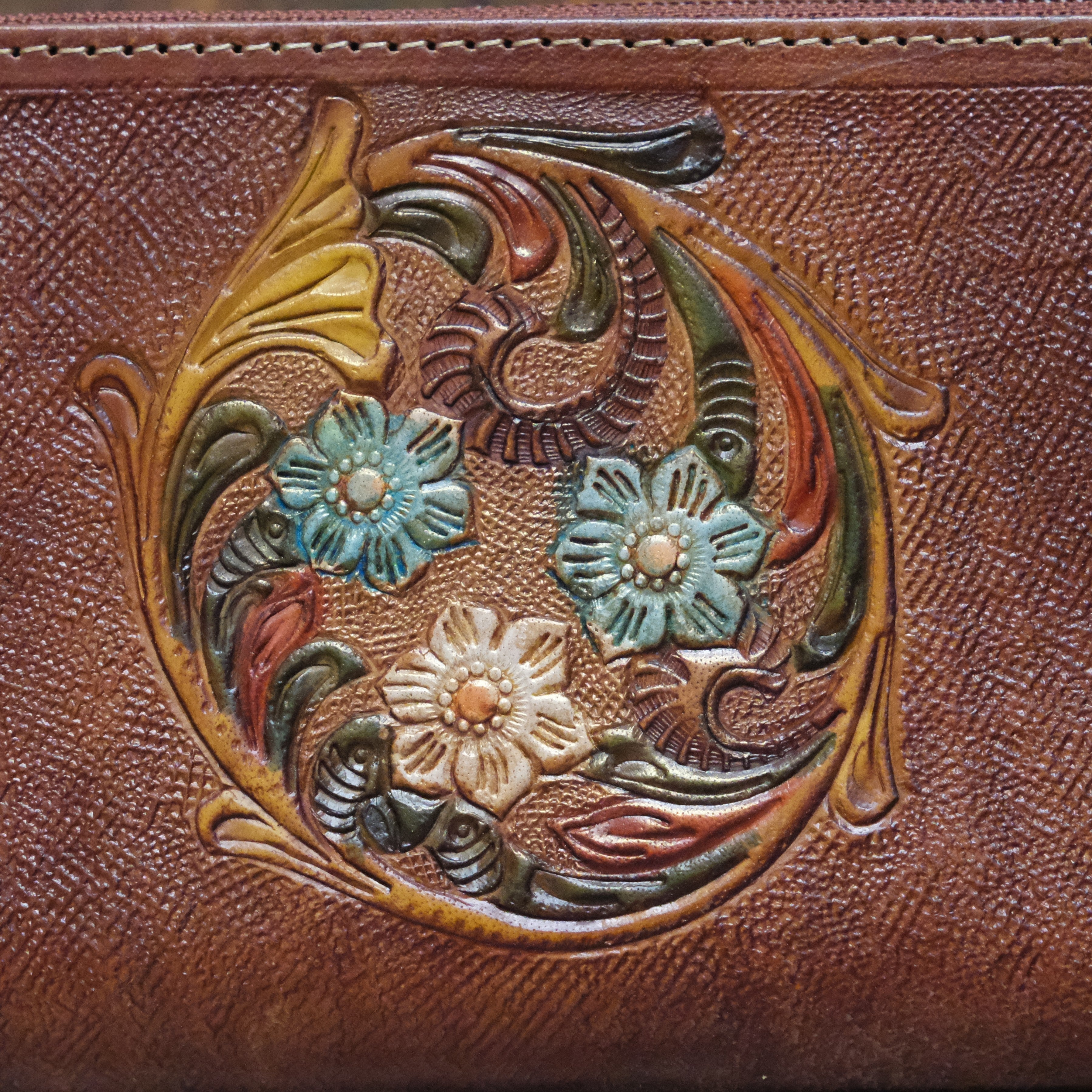 Myra floral print canvas circular wallet with leather trim and zipper closure