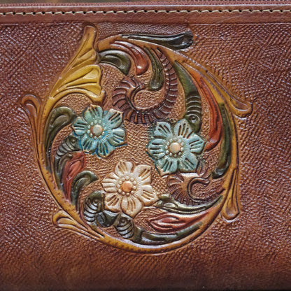 Myra floral print canvas circular wallet with leather trim and zipper closure
