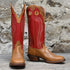 View of Hondo 16" cowboy boot with red top, honey crazy horse vamp, wide square toe, pull holes, and spur ledge