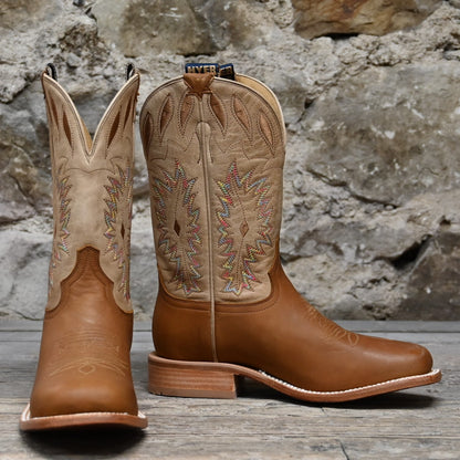 View of Hyer MULBERRY 11&quot; boots showcasing sand Garrison goat leather top and clay mule cowhide vamp with broad square toe and leather stacked heel