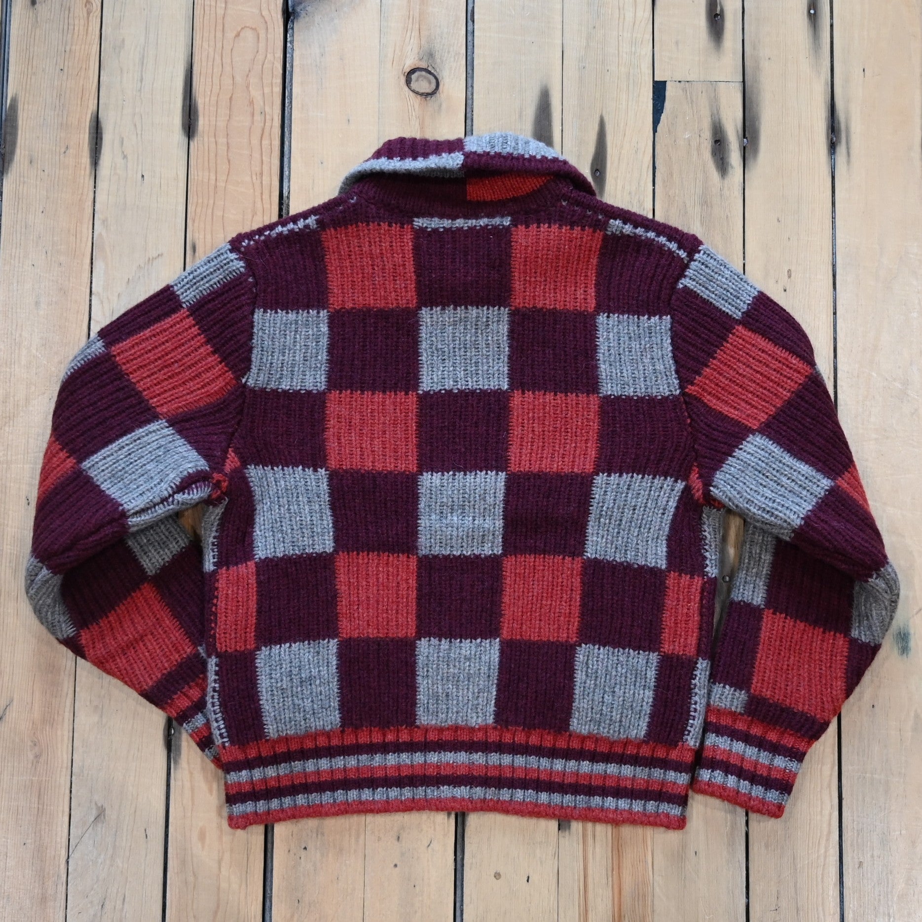 Filson ladies checkered wool cardigan in burgundy and gray check pattern