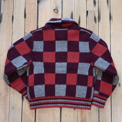 Filson ladies checkered wool cardigan in burgundy and gray check pattern