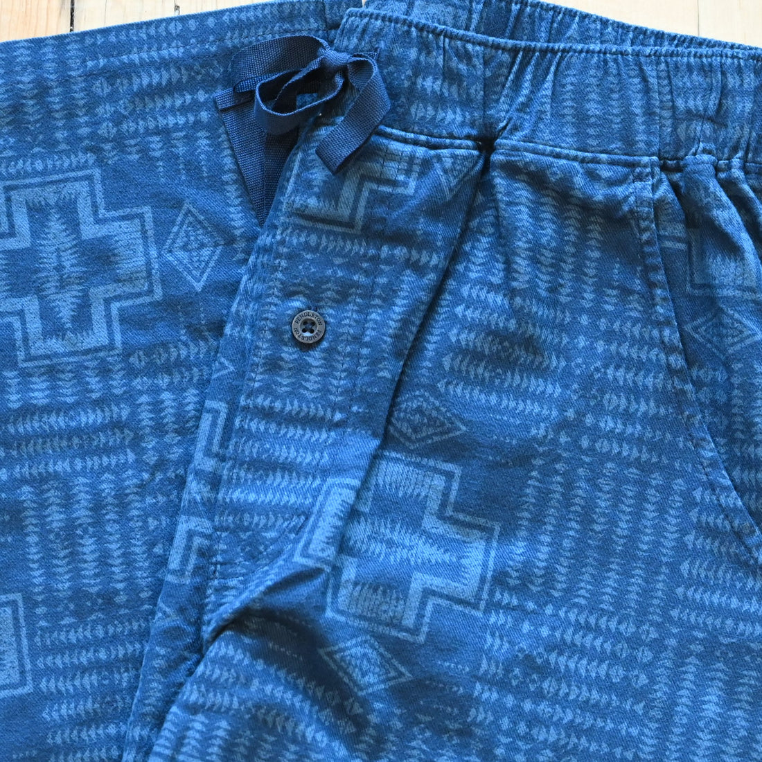 View of Pendleton men’s pajama pant in Harding Blue print with tie waist and pockets