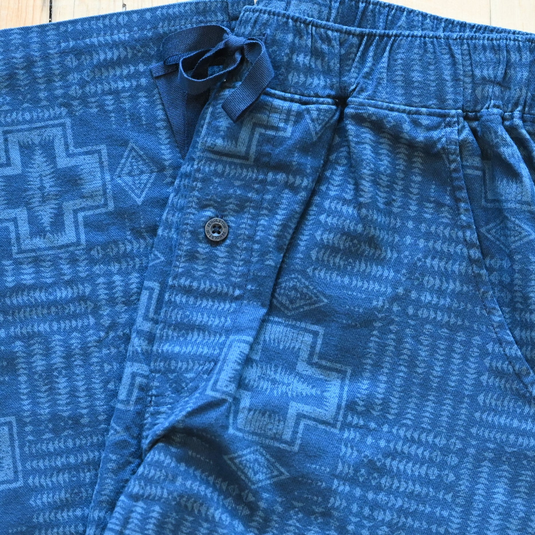 View of Pendleton men’s pajama pant in Harding Blue print with tie waist and pockets