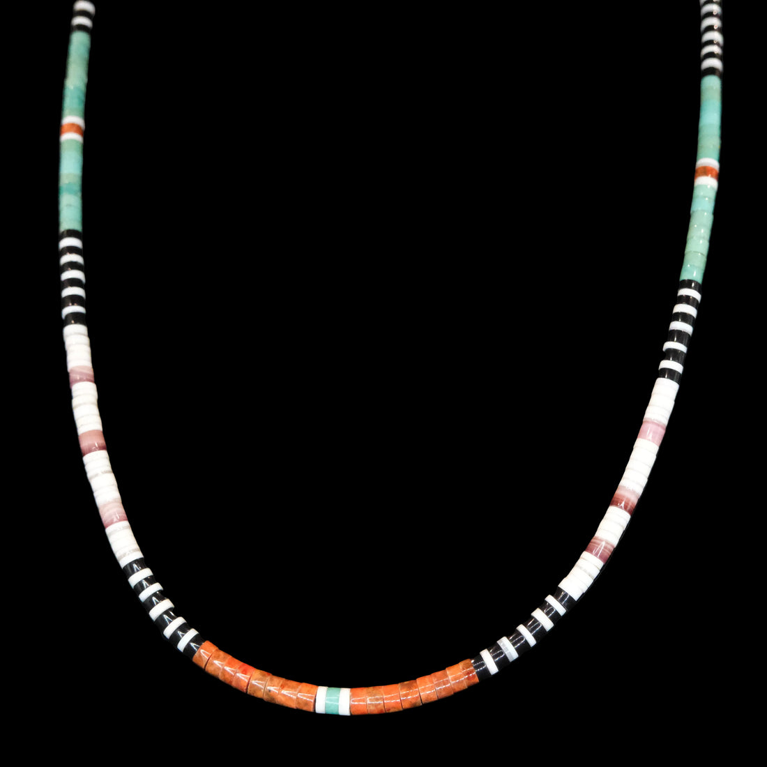 Peyote Bird Calabaza Salida mixed turquoise beaded necklace 20 inch displayed on black bust