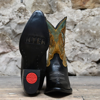 View of Hyer NANETTE 9&quot; boots showcasing black cowhide vamp and sunflower vintage goat top with butterfly inlay, fashion snip toe, and leather stacked heel