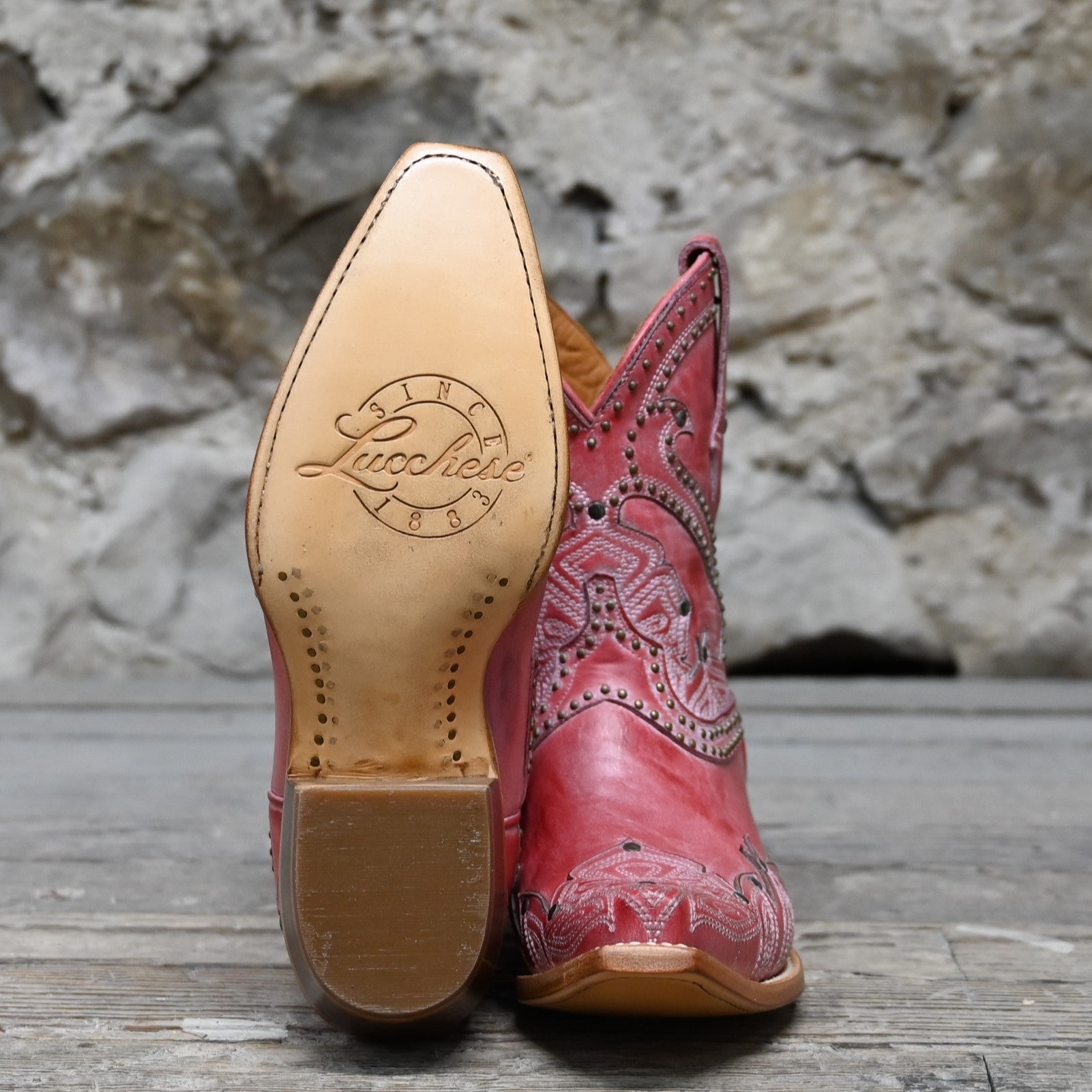 Lucchese Ladies 9″ Shorty Boot – Pink Leather with Petal Stitch