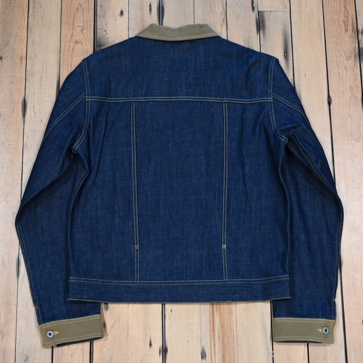 Blue Blanket Corduroy Collar Denim Jacket in Pure Indigo with flap pockets and metal buttons