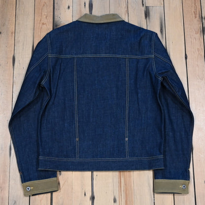 Blue Blanket Corduroy Collar Denim Jacket in Pure Indigo with flap pockets and metal buttons