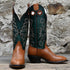 View of Hondo 14" cowboy boot with green volcano top, walnut vamp, white toe bug stitching, and pull holes