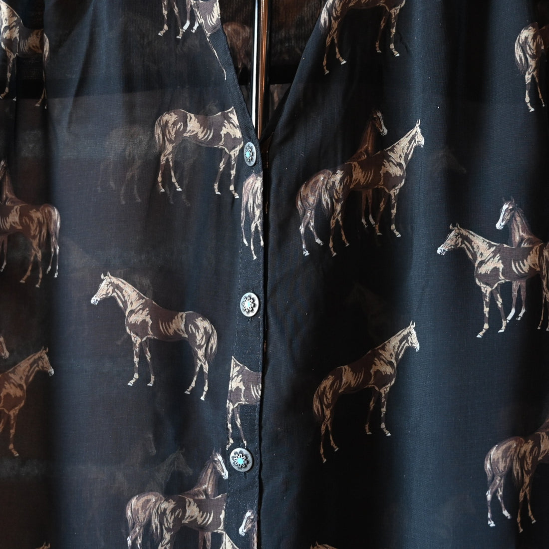 Black Brooks Shirt by Tasha Polizzi with horse print, pointed collar, and decorative button details