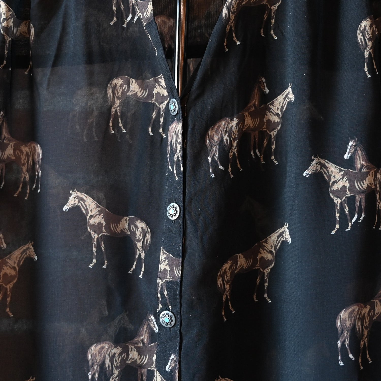 Black Brooks Shirt by Tasha Polizzi with horse print, pointed collar, and decorative button details