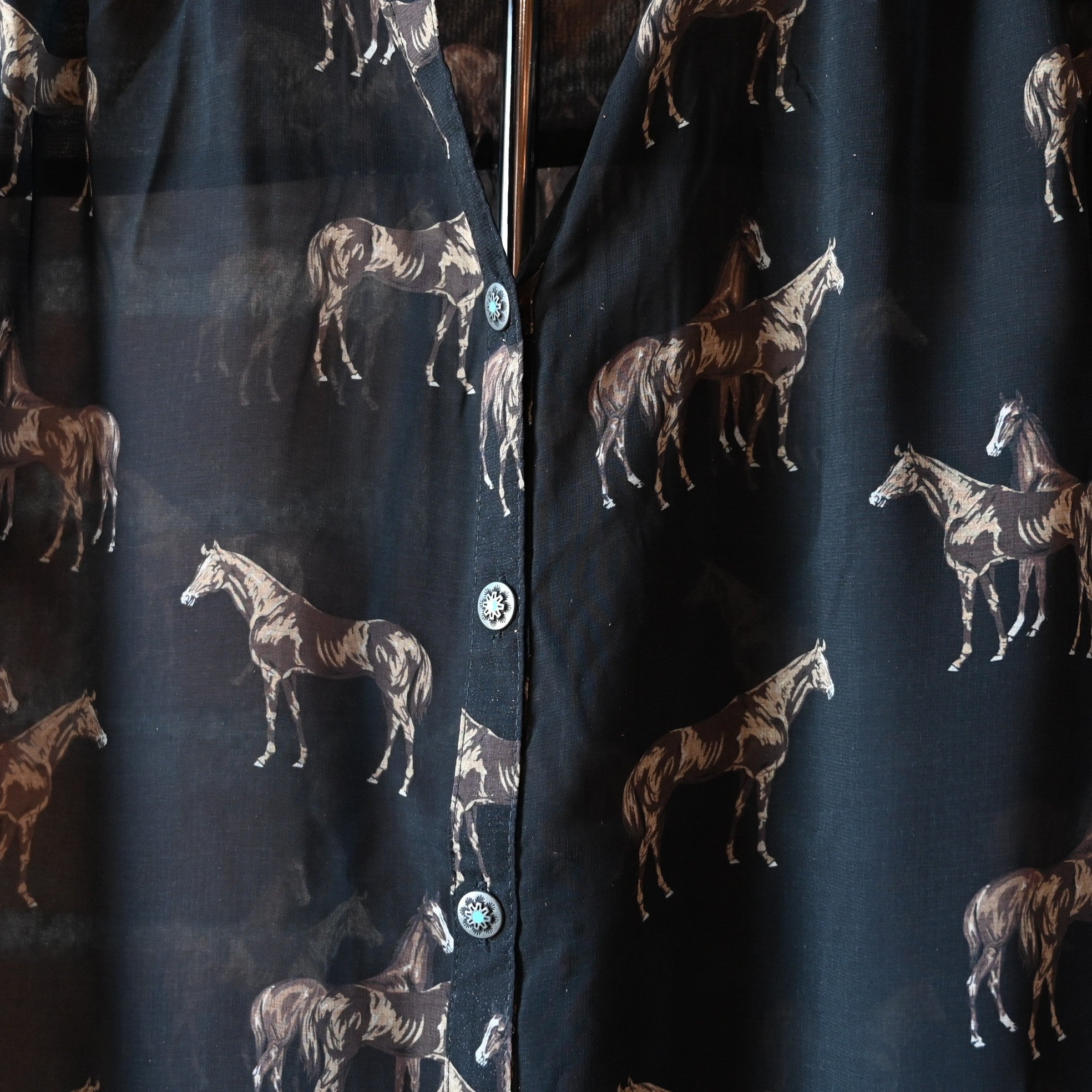 Black Brooks Shirt by Tasha Polizzi with horse print, pointed collar, and decorative button details