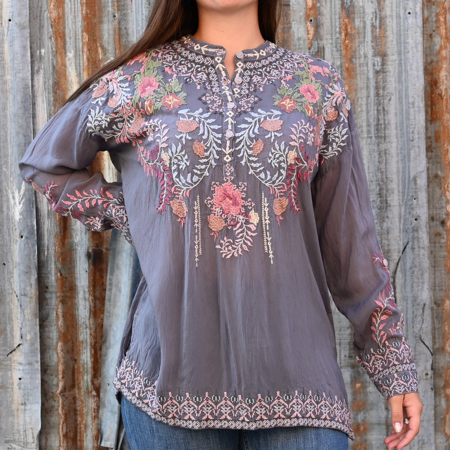 View of Johnny Was Sundae Tunic in Cloudburst with florals and henley neckline