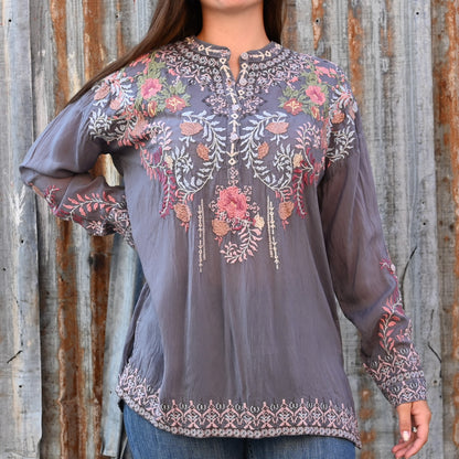 View of Johnny Was Sundae Tunic in Cloudburst with florals and henley neckline