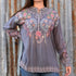 View of Johnny Was Sundae Tunic in Cloudburst with florals and henley neckline