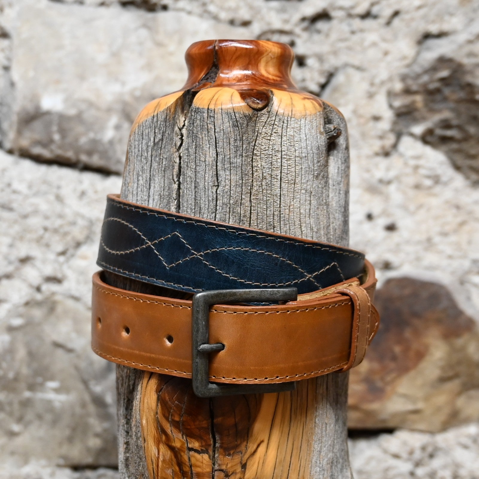 Hondo Honey Crazy Horse leather belt with navy Volcano inlay designed to match Hondo Boot 4014