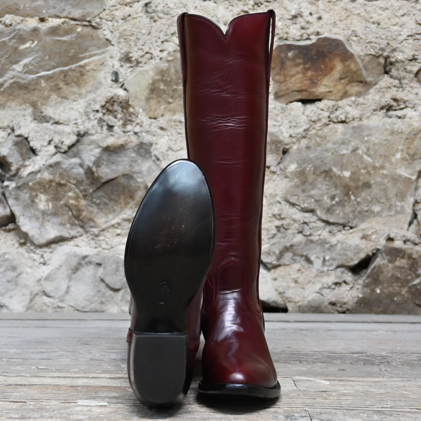 View of Stallion Ladies 16&quot; Burnt Red Calf English High Boot with B toe and covered piping