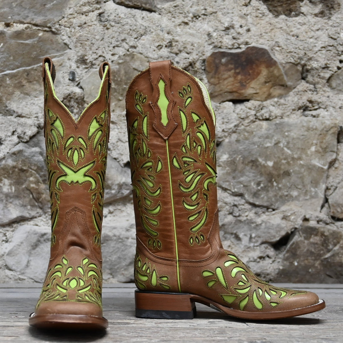 View of Hondo 13&quot; cowboy boot in maple vintage leather with lime inlays and wide square toe