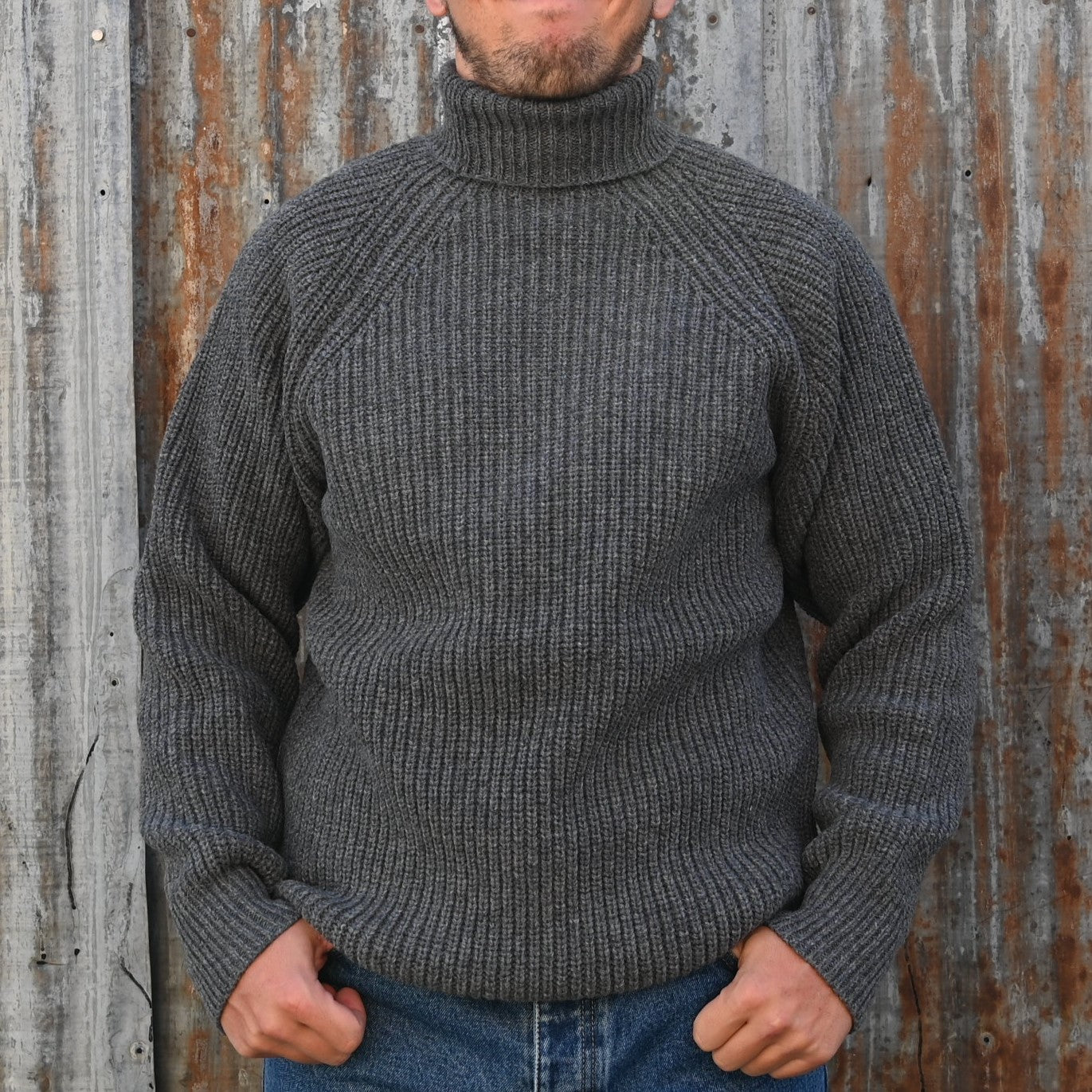 View of Filson Bristol Roll Neck Sweater in Heather Grey featuring vertical fisherman&